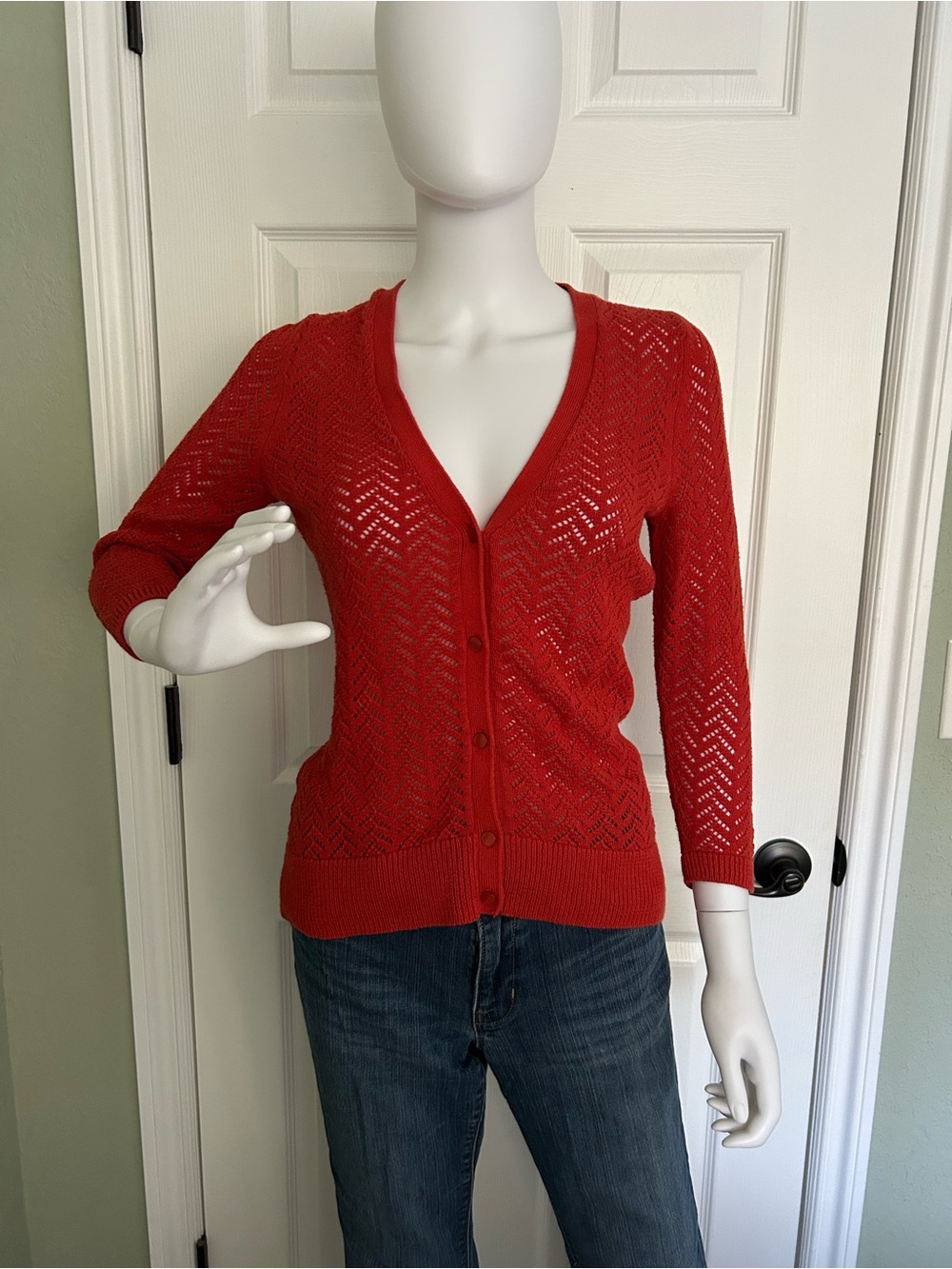 Ann Taylor Orange/Rust Openwork V-Neck Button-Front Cardigan